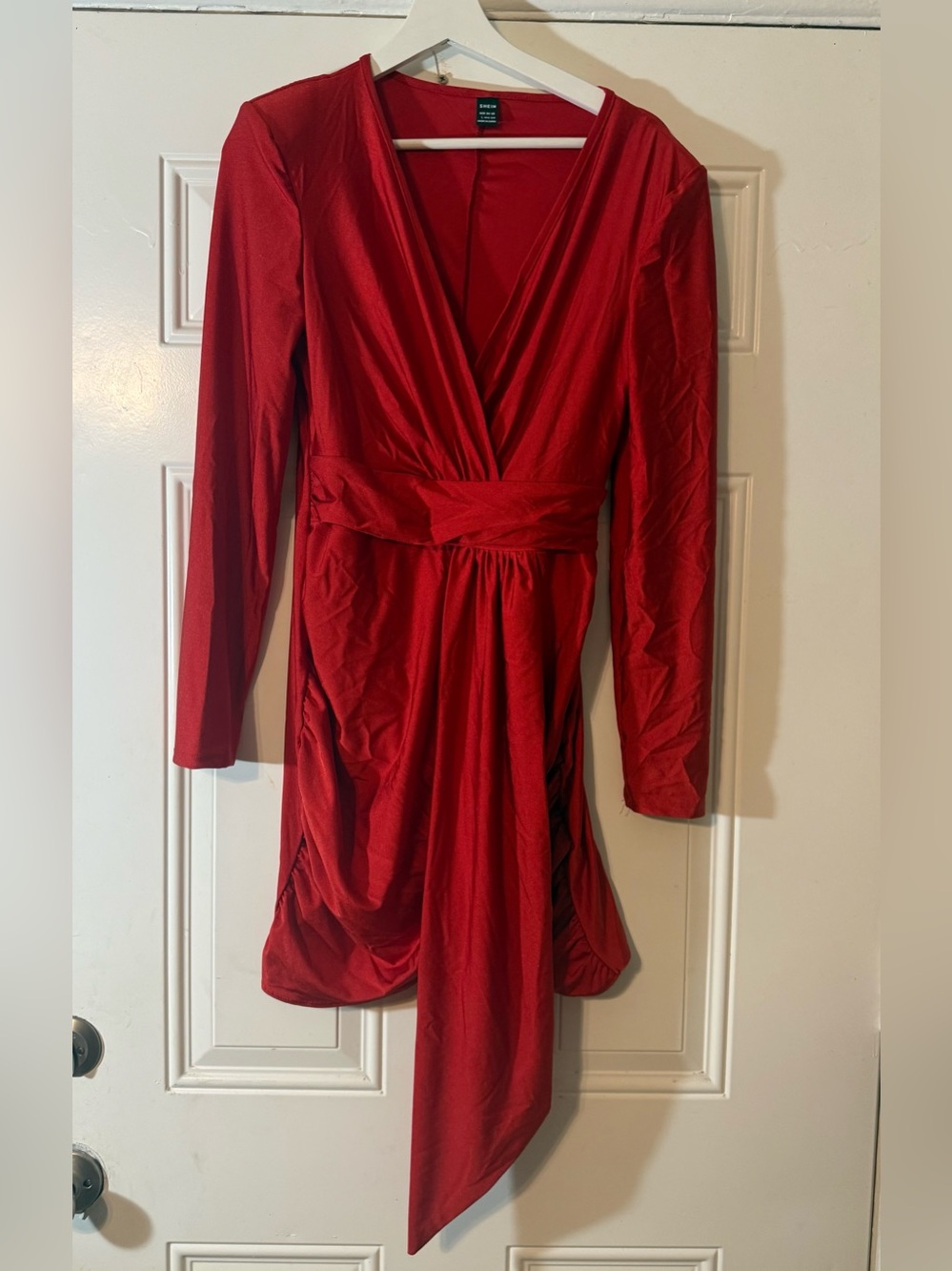 SHEIN Red Long Sleeve Wrap Mini Dress with Draped Sash